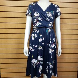 Newshows Short Sleeve Navy Blue Floral Print A-Line Dress Size Small New